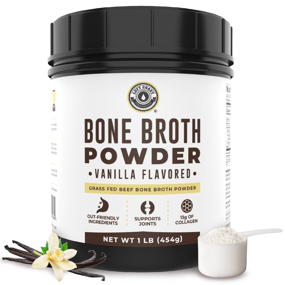 Left Coast Performance vanilla bone broth powder bottle with 16 oz for shakes and smoothies.