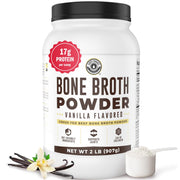 Left Coast Performance vanilla bone broth powder jar showing dairy-free protein source for gut comfort.