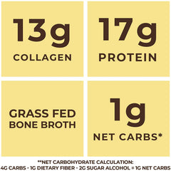 Left Coast Performance vanilla bone broth powder pouring into blender for a creamy shake.