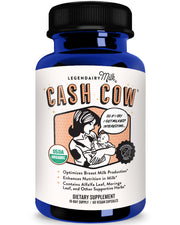 Legendairy Milk Cash Cow bottle shows organic blend supporting healthy lactation.