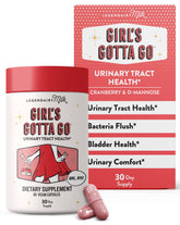 Legendairy Milk Girl’s Gotta Go bottle close-up showing sugar-free cranberry and D-Mannose support