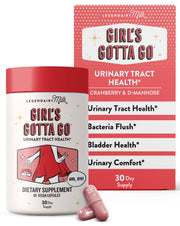 Legendairy Milk Girl’s Gotta Go bottle close-up showing sugar-free cranberry and D-Mannose support