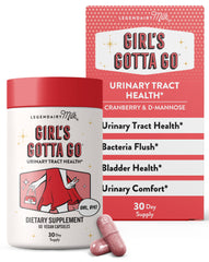Legendairy Milk Girl’s Gotta Go bottle close-up showing sugar-free cranberry and D-Mannose support