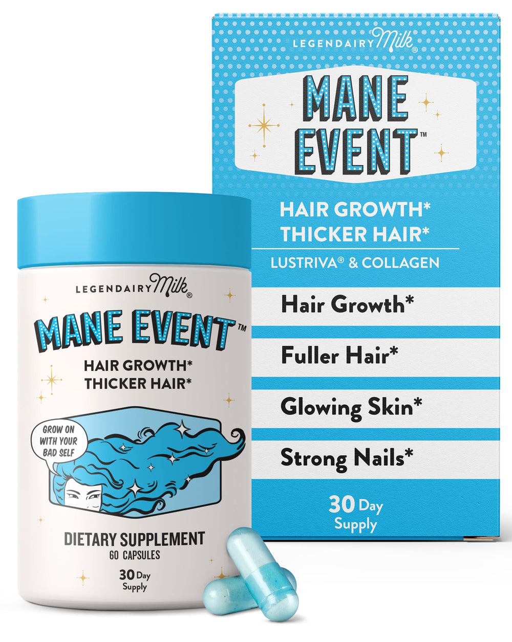 Legendairy Milk Mane Event hair growth vitamins bottle with capsules for fuller hair