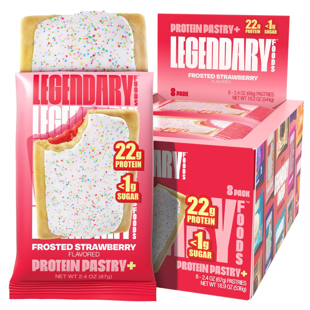 Legendary Foods frosted strawberry pastry front view, high-protein keto snack option.