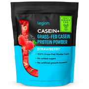 LEGION Casein strawberry bottle showing clean, non-GMO formula for steady protein intake
