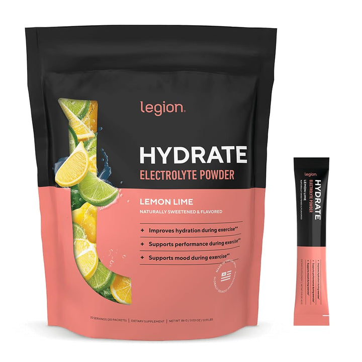 LEGION Hydrate stick-packet is shown close-up for on-the-go hydration.