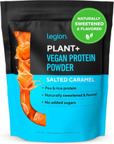 LEGION Plant+ protein powder tub with gluten-free and non-GMO label for high protein content.