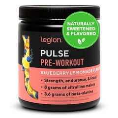 LEGION Pulse bottle in blueberry lemonade supports clean energy for workouts.