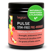LEGION Pulse pre-workout bottle front, caffeine-free and clean energy potential.