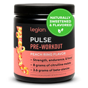 LEGION Pulse pre-workout bottle shows clean label and natural ingredients for smooth energy.