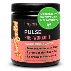 LEGION Pulse pre-workout bottle shows clean label and natural ingredients for smooth energy.