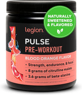 LEGION Pulse pre-workout tub label shows natural ingredients and transparent dosing.