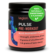 LEGION Pulse Pre Workout blue raspberry tub on display for clean, effective energy.