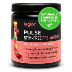 LEGION Pulse bottle closeup highlighting stimulant-free energy support