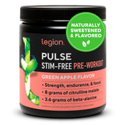 LEGION Pulse pre-workout label shows transparent ingredients and caffeine-free formulation.