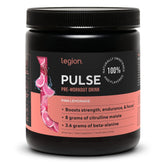 LEGION Pulse Pre Workout pink lemonade tub highlights a natural energy boost for workouts.