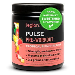 LEGION Pulse Pre Workout tropical punch bottle ready for a clean-energy session.