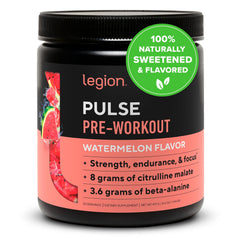 LEGION Pulse Pre Workout watermelon bottle with natural flavor and clean energy.
