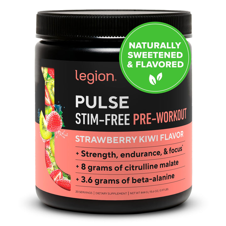 LEGION Pulse strawberry-kiwi bottle promotes stimulant-free energy for steady workouts.