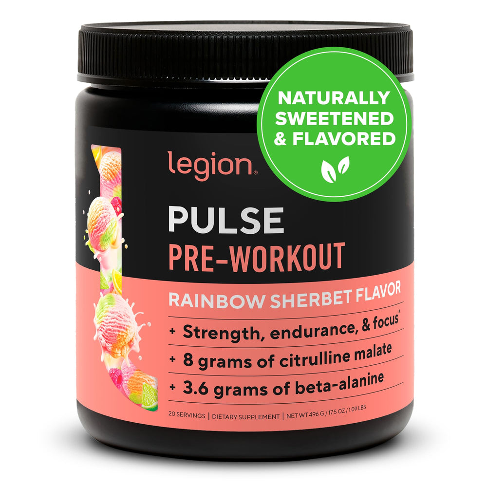 LEGION Pulse Rainbow Sherbet tub shows natural ingredients and clean label.