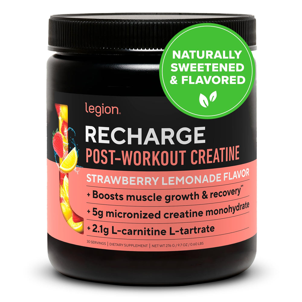 LEGION Recharge bottle in Strawberry Lemonade flavor supports post-workout recovery and flavor appeal.