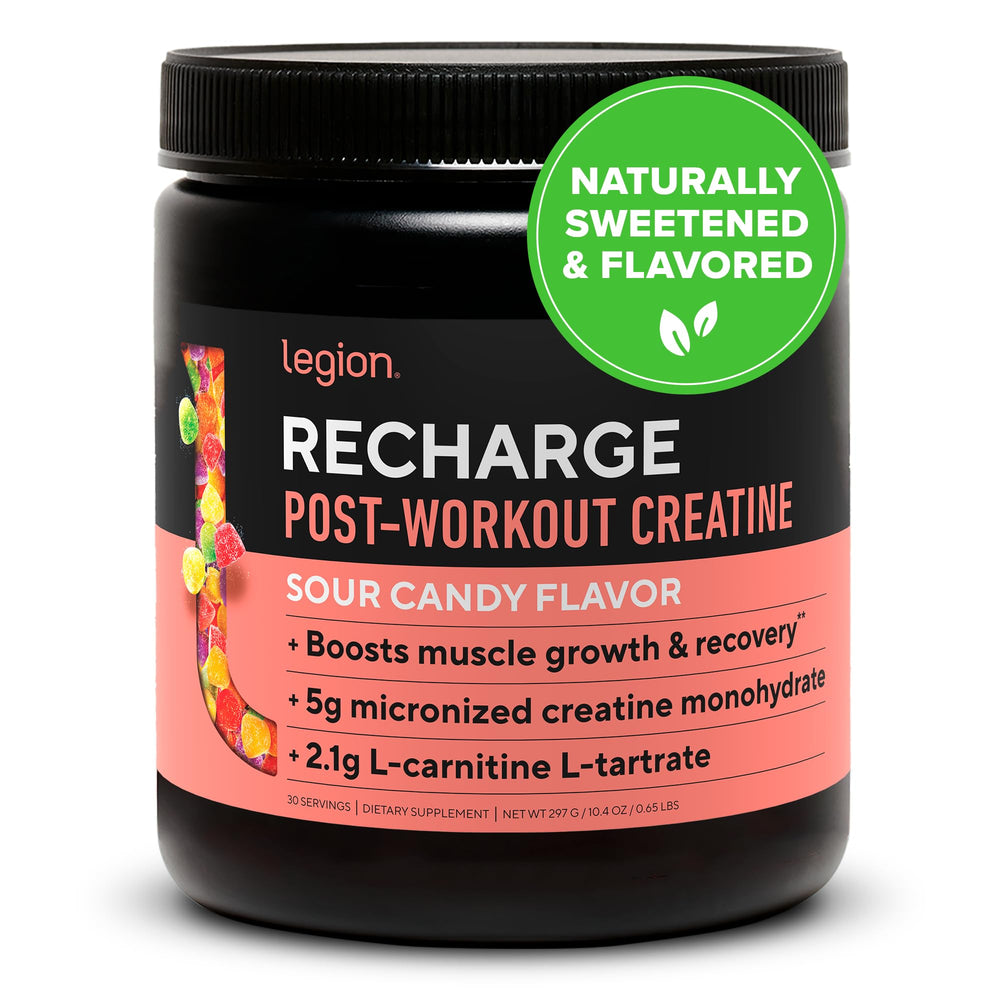 LEGION Recharge packaging showing Sour Candy flavor for post-workout recovery.