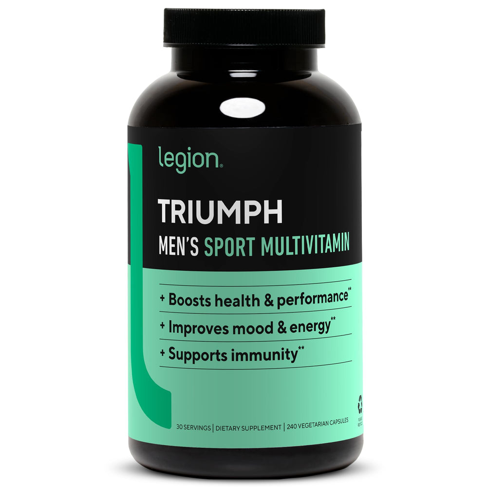 LEGION Triumph men's multivitamin bottle front view shows product identity and daily use.