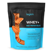 LEGION Whey+ Cookie Butter powder tub showing high-protein, low-calorie dairy protein