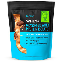 LEGION Whey+ bag label shows 30 servings and protein quality.