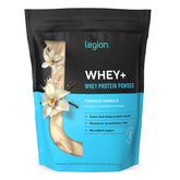 LEGION Whey+ grass-fed milk bottle emphasizing premium protein source for post-workout recovery.