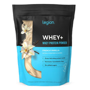 LEGION Whey+ grass-fed milk bottle emphasizing premium protein source for post-workout recovery.