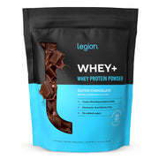 LEGION Whey+ packaging highlights grass-fed protein and a clean ingredient list.