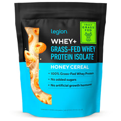 LEGION Whey+ protein powder jar with clean label and grass-fed formula.