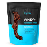 LEGION Whey+ protein powder tub close-up highlighting smooth texture and high protein per serving