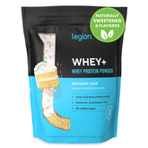 LEGION Whey+ tub with label shows grass-fed origin and clean ingredients.