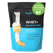 LEGION Whey+ tub with label shows grass-fed origin and clean ingredients.