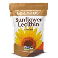 Lekithos sunflower lecithin granules bottle—vegan, allergen-free supplement for everyday meals.