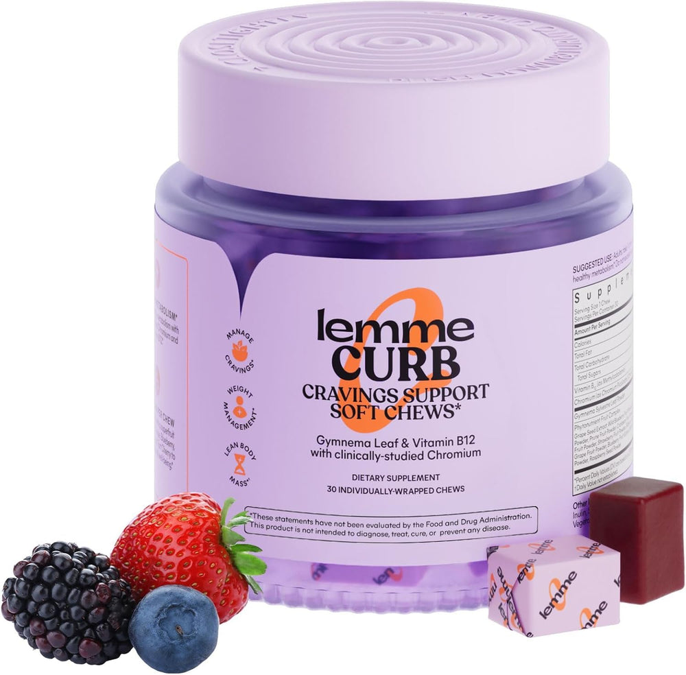 Lemme Curb Cravings soft chews bottle promotes daily appetite support for on-the-go users.