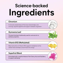 Lemme Curb Cravings ingredients chart emphasizes Chromax chromium, B12, and plant-based formula.
