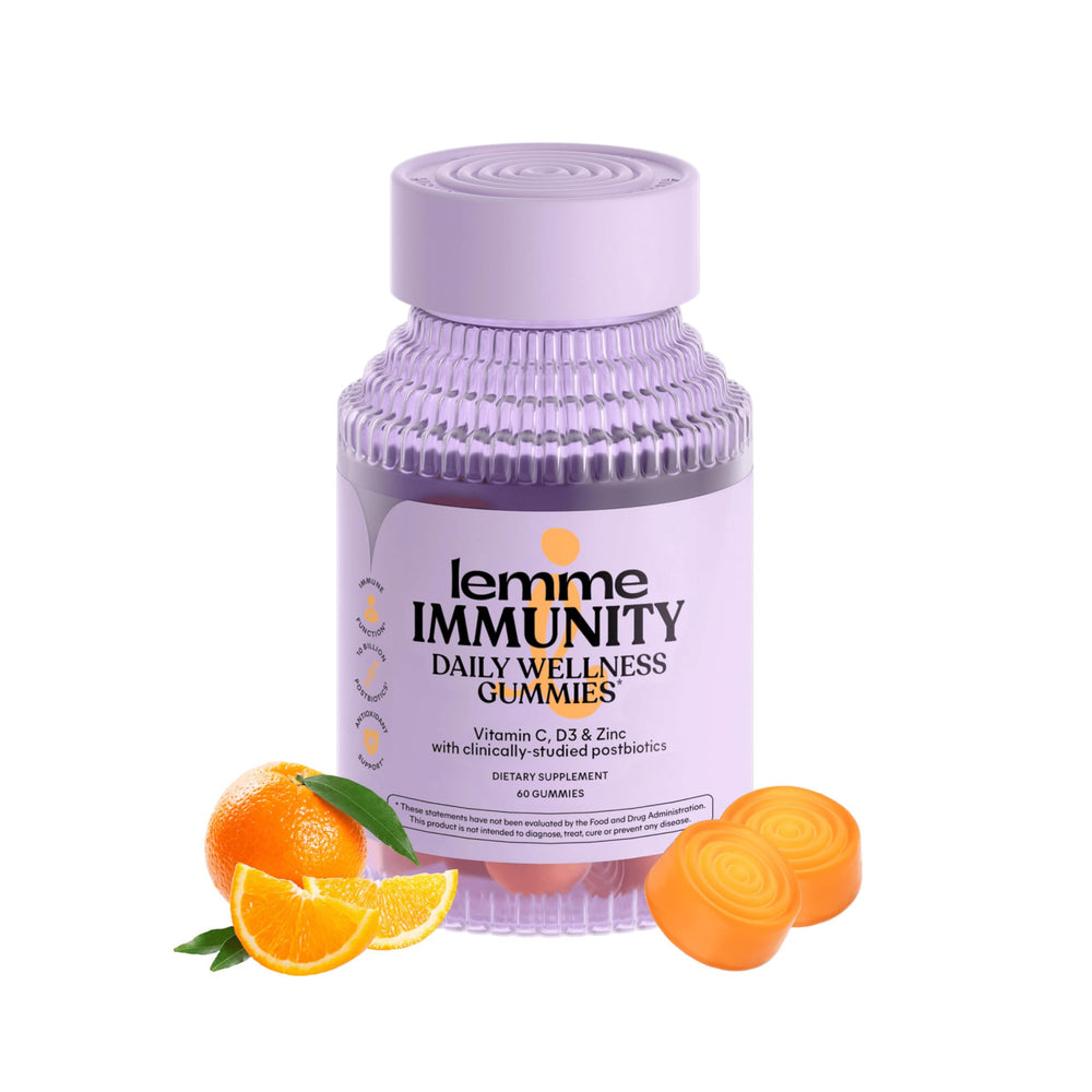 Lemme Immunity Postbiotic Gummies bottle offering daily immune support with vitamins C and D3.