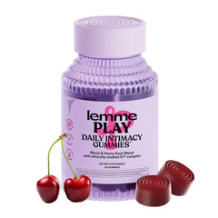Lemme Play cherry gummies bottle close-up highlighting daily intimacy support.