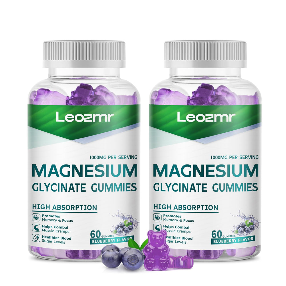 Leozmr magnesium glycinate gummies bottle with blue gummies, easy daily use
