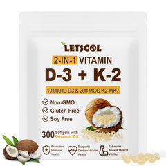 LETSCOL 2-in-1 softgel bottle shows D3 and K2 MK-7 for bone and heart support.