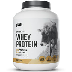 Levels Grass Fed Whey Cappuccino canister front view, premium protein for daily workouts.
