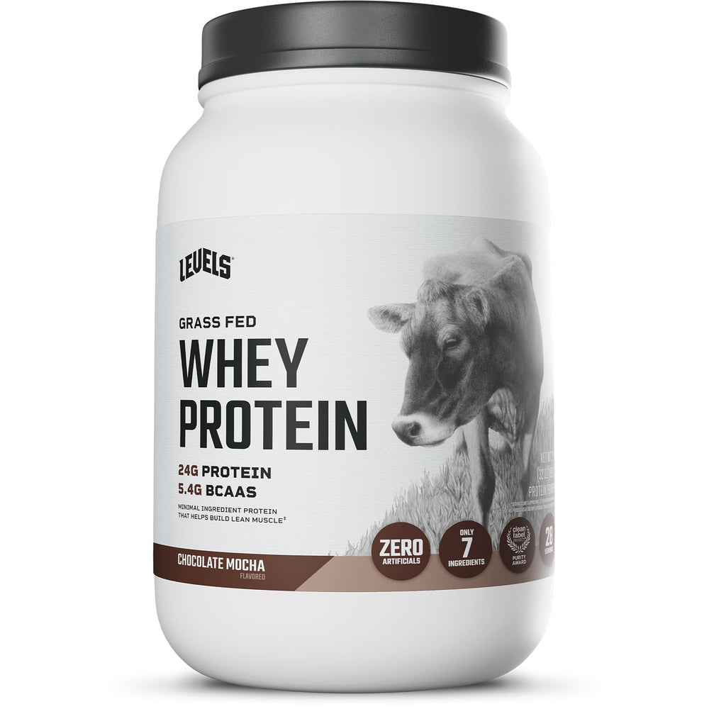 Levels Grass Fed Whey Chocolate Mocha bottle ready for a protein shake after workouts.