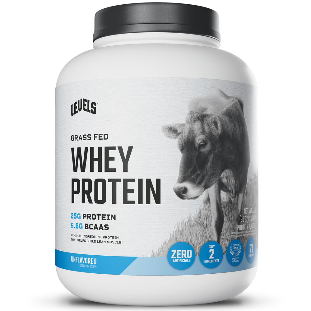 Levels grass-fed whey protein powder bag highlights clean ingredients for daily use.