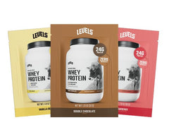 Levels Grass Fed Whey Protein sampler pack offers convenient single-serving flavors for on-the-go fueling.