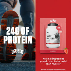 Levels Grass Fed Whey Protein shake in glass highlights a protein-rich strawberry beverage.