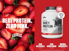 Levels Grass-Fed Whey scoop with powder delivering 24g protein per serving.